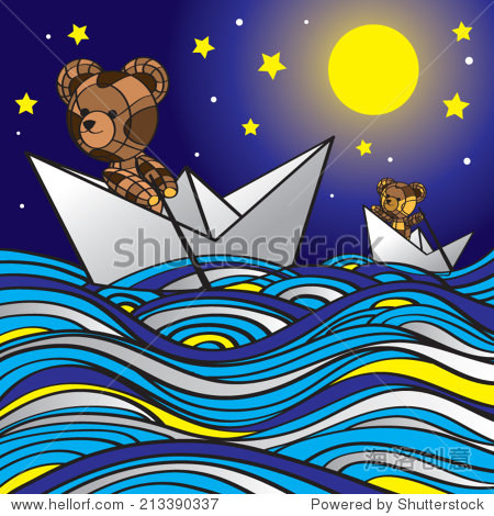 cartoon bear boating at night.
