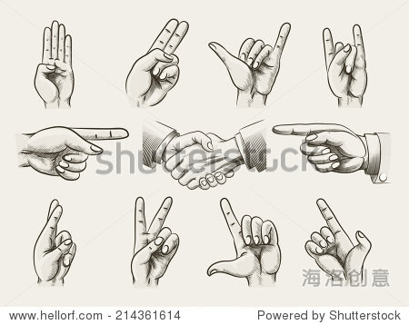 set of vintage style hand gestures showing countin