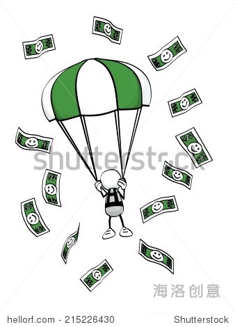 little sketchy man with green parachute and money
