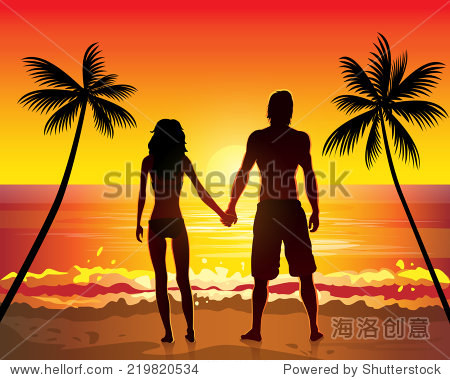 romantic couple holding hands on beach sunset vector