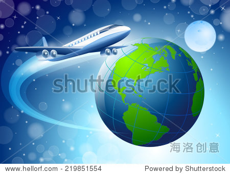 地球在环绕地球的蓝色背景飞机飞行 - 交通运输