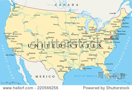 美国首都华盛顿政治地图,国界,最重要的城市,河