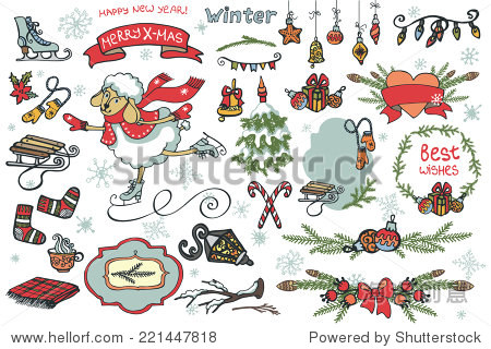 cute cartoon sheep badges labels ribbon branches christmas tree