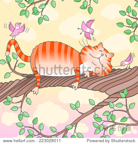 illustration of a funny cat sleeping on the tree