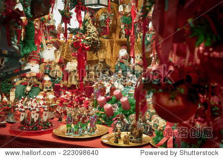 christmas decorations displayed for sale at a christmas market.