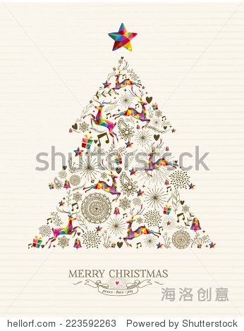 vintage christmas tree shape with colorful reindeer and retro