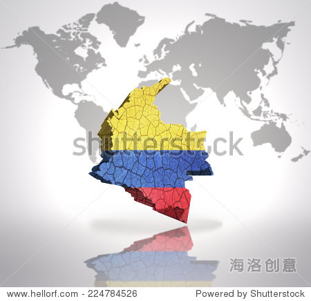 哥伦比亚的哥伦比亚国旗在世界地图地图背景 