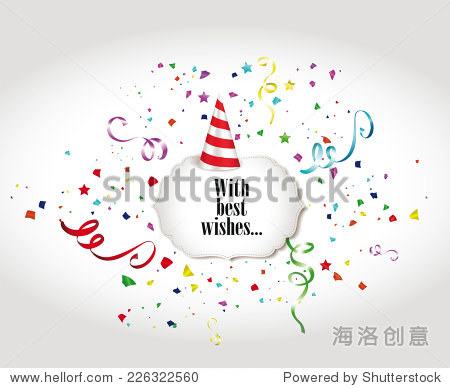 holiday colorful banners with confetti ribbons and party hat