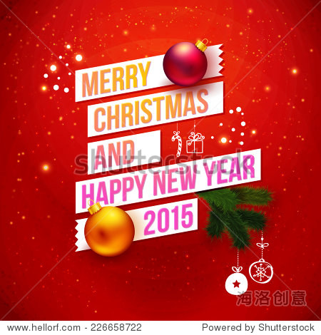 红2015年传统的圣诞贺卡.排版设计,现实的圣诞球和冷杉树分支.图片