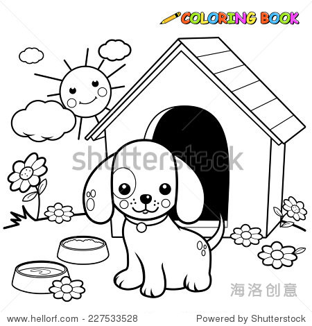 a black and white outline image of a dog standing