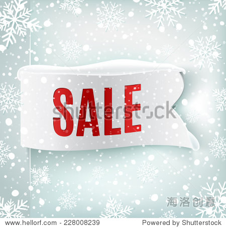 sale background with white realistic ribbon banner and snow