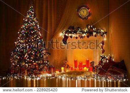 room interior design xmas tree decorated by lights presents
