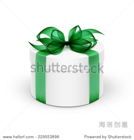 white round gift box with green ribbon and bow isolated on back