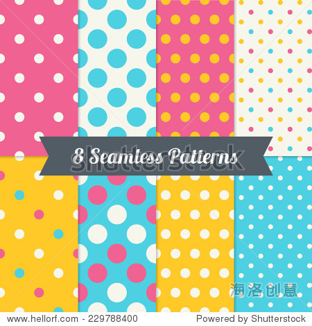 set of polka dot holiday patterns in pink yellow cyan and white.