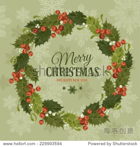 圣诞节的背景与冬青浆果和槲寄生花环.矢量插图.