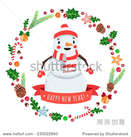 year cartoon snowman in a cap and scarf with christmas wreath