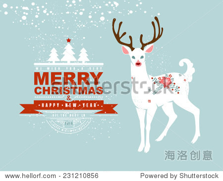 cute christmas postcard with beautiful white deer and