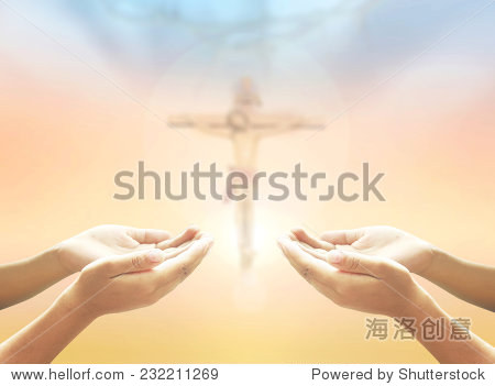 of man praying over blurred crown of thorns and jesus christ on