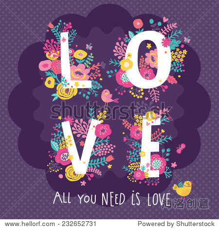love word made of flowers birds and butterflies.