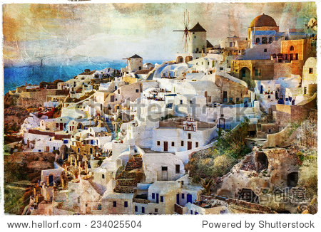 painting style,paintingeyeson sunset in santorini - artwork in painting style