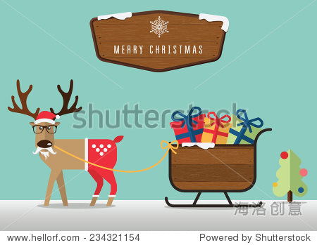 merry christmas scene with reindeer santas sleigh and wood