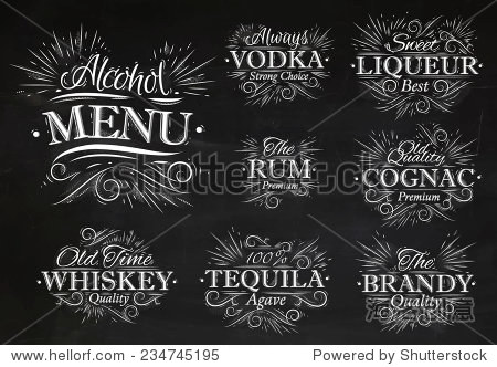酒精饮料菜单字体名称在复古风格伏特加、利口