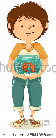 little boy holding a fish tank with goldfish.