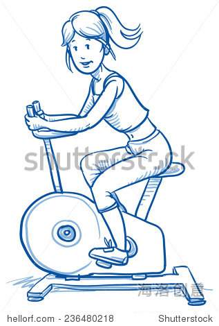 快乐健康年轻女性做健身运动自行车,手绘涂鸦