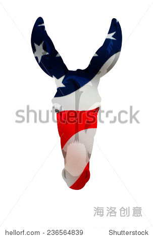 国旗位移贴图放在民主党驴的象征。孤立在白色