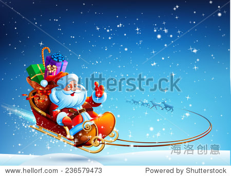 santa claus in a sleigh pulled by reindeer flying in the night