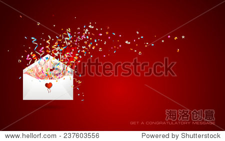 open envelope with confetti and ribbons.