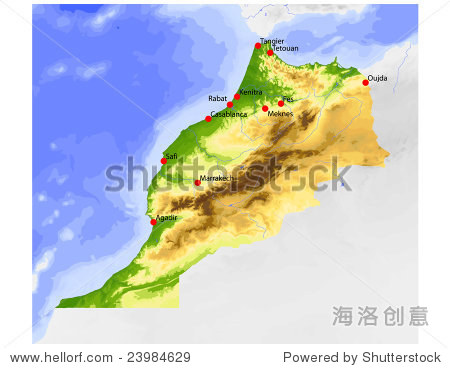 摩洛哥。物理矢量地图,颜色根据高程,河流和选