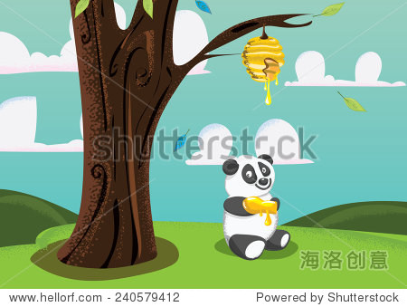 cartoon panda eating honey under a tree.