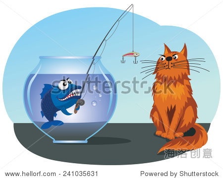fish catches a cat from a fishbowl using a rod with a lure