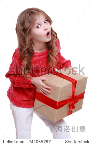 in with present gift/caucasian happy child girl with gift box