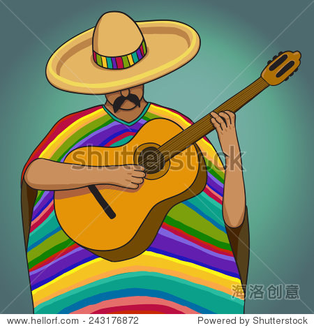 墨西哥人在草帽和雨披弹吉他 - 人物,抽象 - 站酷