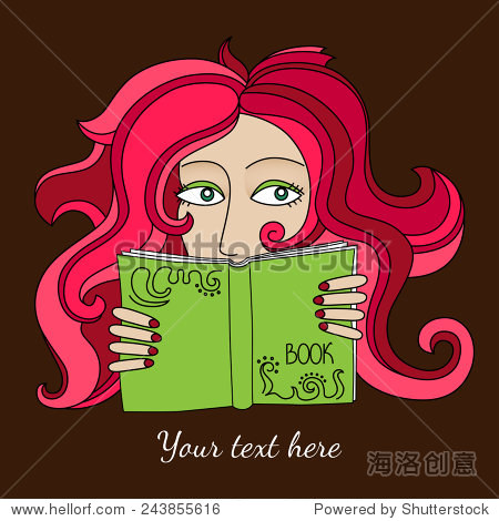 reading redhead girl with green book and curly hair on the dark