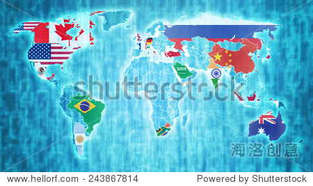 举行的二十国集团国家国旗上的蓝色数字世界地