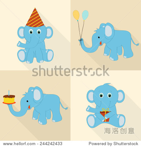 elephant for birthday icons with cap balloons cake and gift on