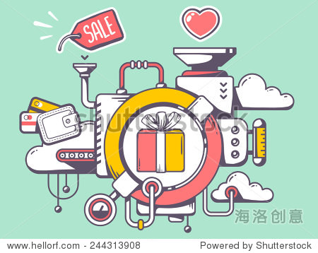 illustration of mechanism to make gift box and relevant icons on