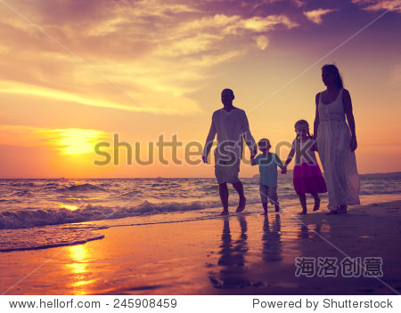 家庭散步海滩日落旅游度假的概念 - 人物 - 站酷