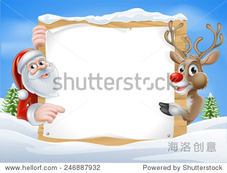 and santa pointing at a snow covered sign on a winter landscape