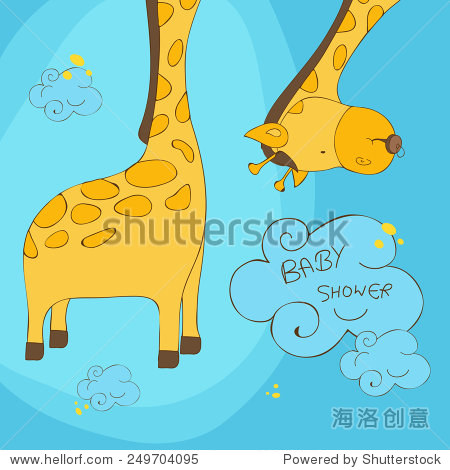 可爱的卡通的长颈鹿时尚婴儿淋浴在蓝色背景的