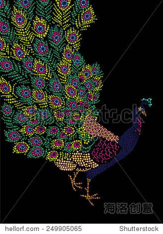 hand made portrait of peacock with big tail isolated on black