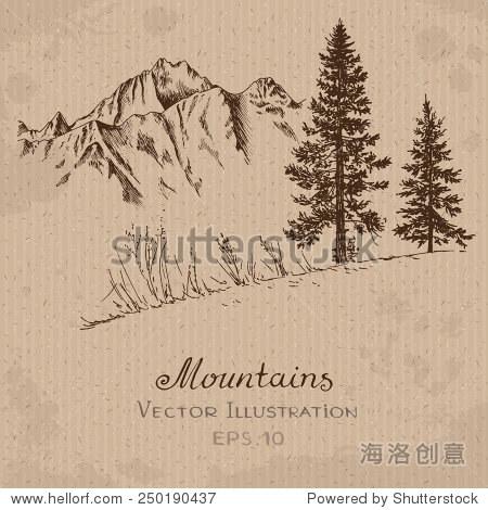 山脉和冷杉树。手绘矢量图-自然-站酷海洛创意