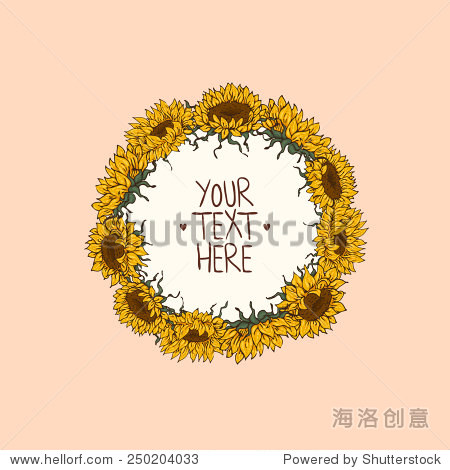 wreath with hand-drawn flowers of sunflowers