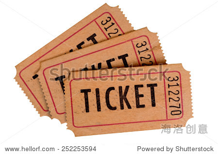 fan shape stack of old movie tickets isolated on white back