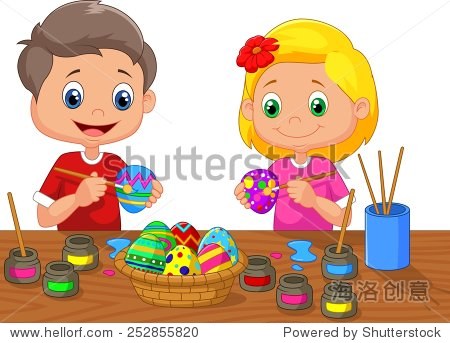 cartoon kids painting easter egg