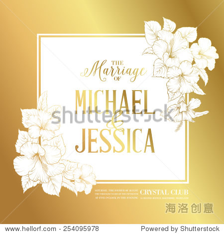 golden card with wedding invitation text and bouquet of hibiscus