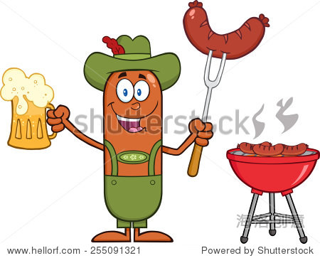 german oktoberfest sausage cartoon character holding a beer and